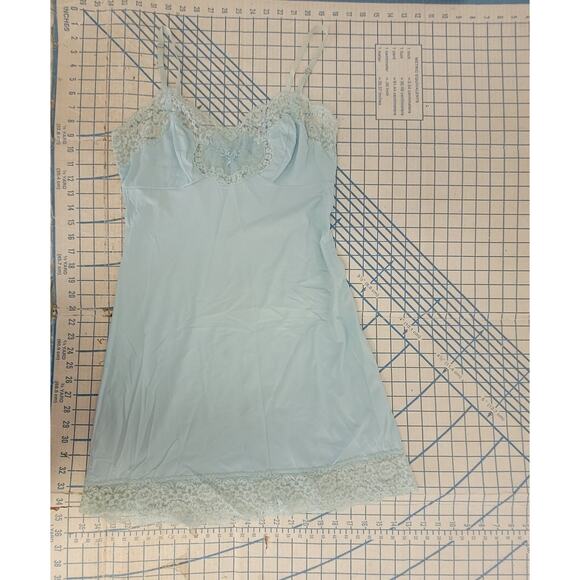 Vintage Van Raalte Blue Satin Embroidered Lace Slip Dress Feminine Nostalgia‎ - Picture 5 of 10